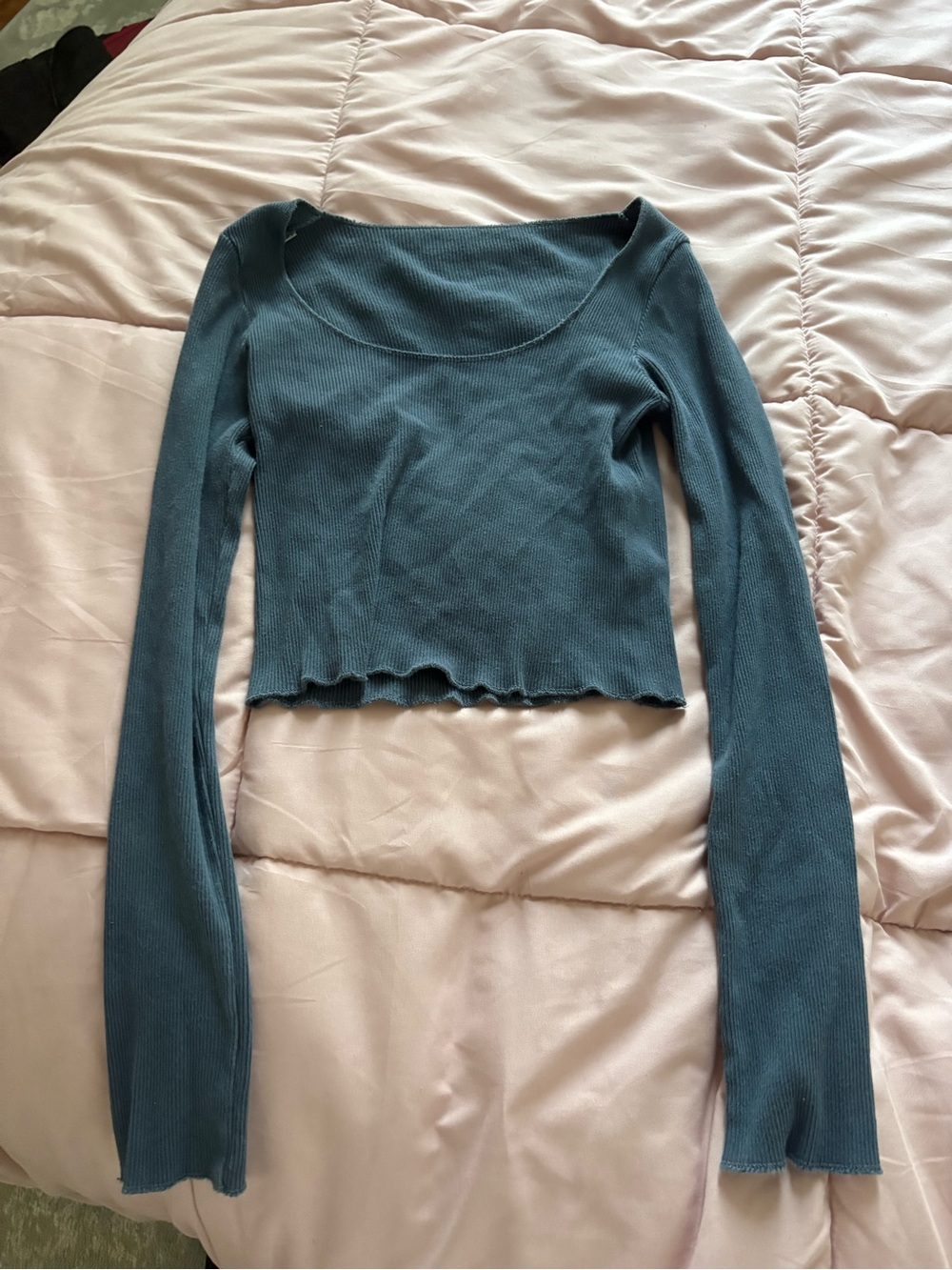 Women's Long Sleeve Scoop Neck Ribbed Crop Top - Teal